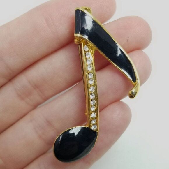 Vintage Eigth Note Shape Brooch, Black Enamel Rhinstone Gold Tone Setting Pin - Picture 1 of 6